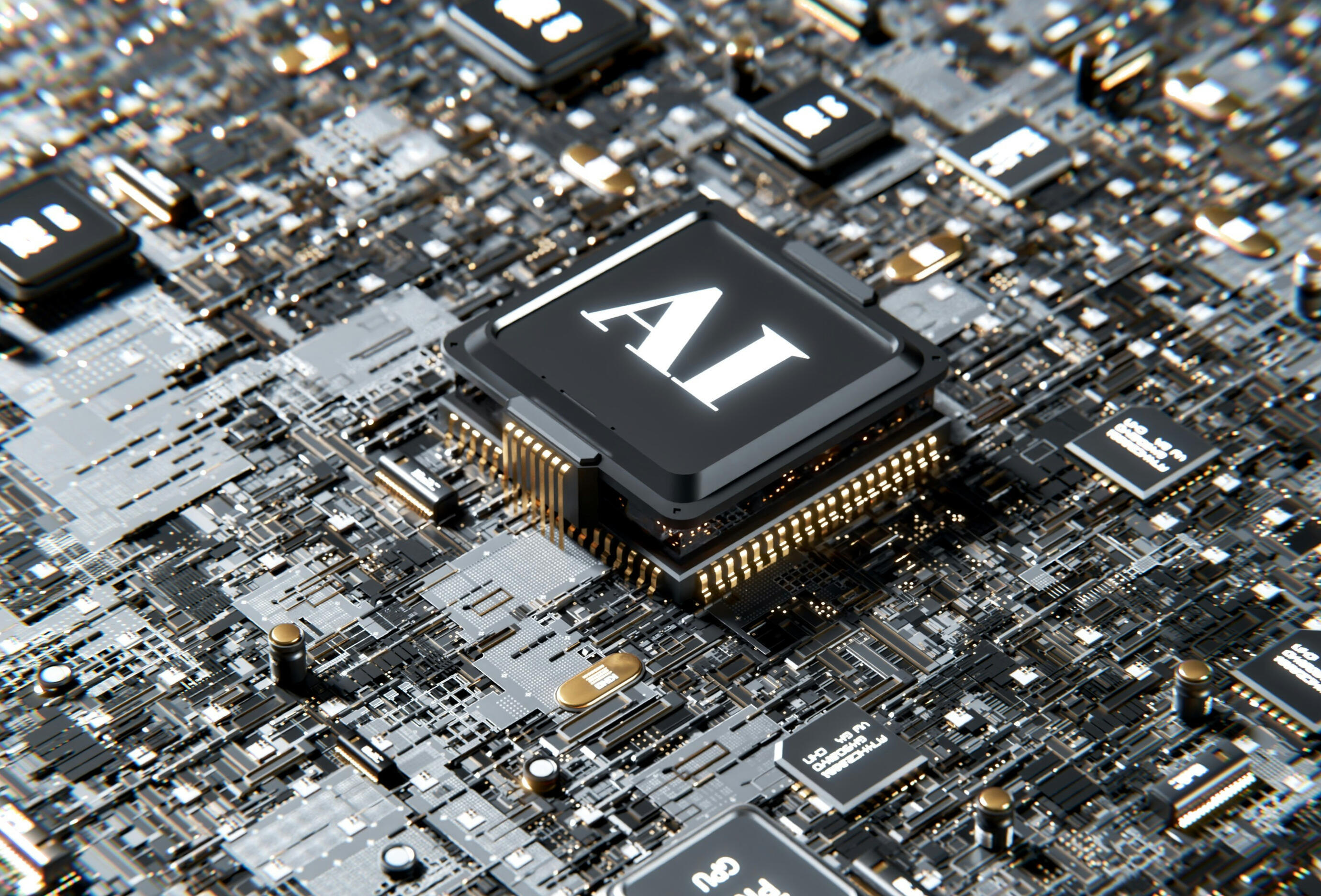 Modernization & Integrations Closeup of a motherboard with a large CPU labeled AI.